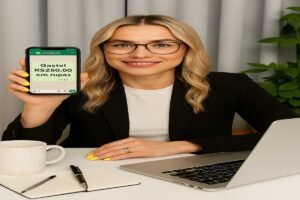 Mulher consulta gastos com roupas em aplicativo de assistente financeiro digital, sentada à mesa com notebook e café.
