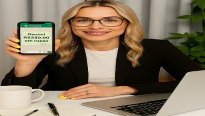Mulher consulta gastos com roupas em aplicativo de assistente financeiro digital, sentada à mesa com notebook e café.