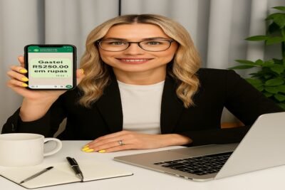 Mulher consulta gastos com roupas em aplicativo de assistente financeiro digital, sentada à mesa com notebook e café.