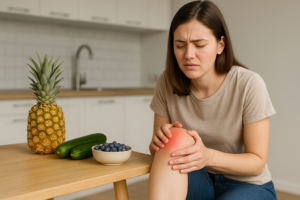 Mulher jovem com expressão de dor segurando o joelho avermelhado, sentada ao lado de uma mesa com abacaxi, pepino e mirtilos, em uma cozinha bem iluminada, representando o uso da alimentação para reduzir retenção de líquidos.