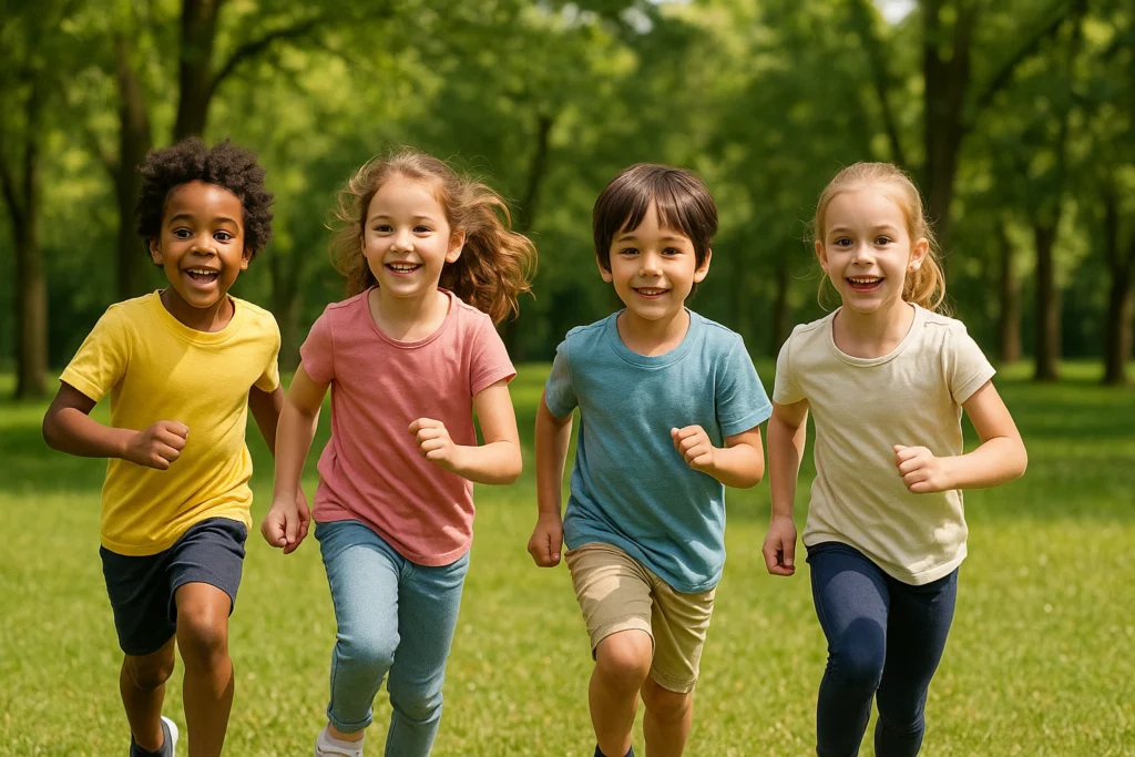 Crianças correndo e sorrindo em um parque verde e ensolarado, representando a importância da atividade física na infância.