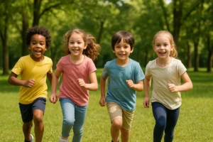 Crianças correndo e sorrindo em um parque verde e ensolarado, representando a importância da atividade física na infância.