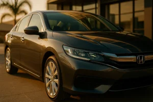 Carro moderno com lataria automotiva brilhante refletindo o sol do fim da tarde, destacando design e estética em ambiente urbano com palmeiras ao fundo.