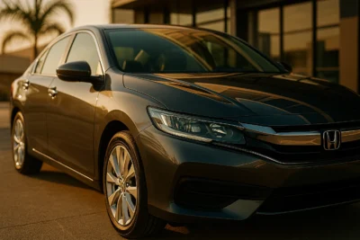 Carro moderno com lataria automotiva brilhante refletindo o sol do fim da tarde, destacando design e estética em ambiente urbano com palmeiras ao fundo.