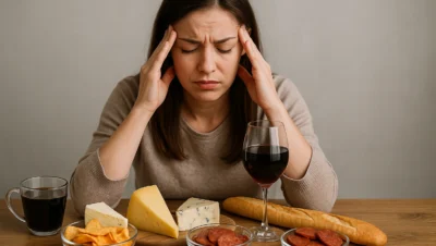 Mulher sentada à mesa com alimentos que podem desencadear enxaqueca, como queijo, vinho, café, chocolate e embutidos, enquanto pressiona as têmporas em sinal de dor.