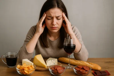 Mulher sentada à mesa com alimentos que podem desencadear enxaqueca, como queijo, vinho, café, chocolate e embutidos, enquanto pressiona as têmporas em sinal de dor.